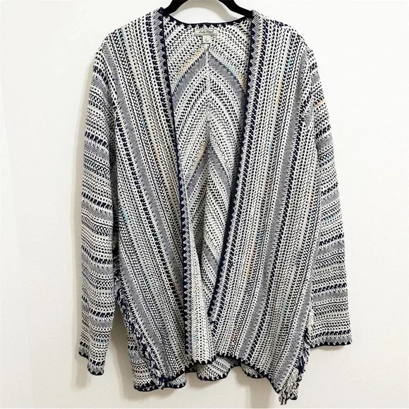 Woven Blanket Open Front Pottery Cardigan boho large cream blue cotton relaxed - Picture 3 of 10